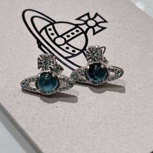 Empress Dowager Xi's New Lake Blue Transit Beads viviene Westwood Saturn Earrings Female Vivian Light Luxury Diamond Inlaid Blue Planet Earrings