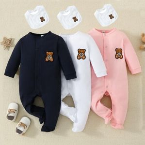 Bahar Sonbahar Bebek Marka Süren Çocuklar Uzun Kollu Karikatür Ayı Tulumları, Bib Toddler Onesies ile Yenidoğan Romper Bebek Giysileri