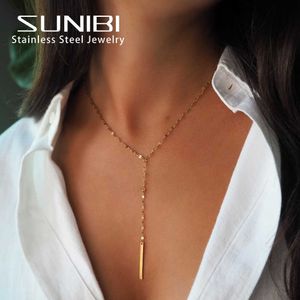 Pendant Necklaces SUNIBI 316L Stainless Steel Pendant Necklace for Women Simple Long Lariat Chain Vertical Minimalist Bar Dangle Necklaces Jewelry Z0417