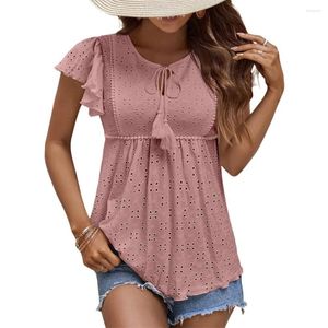 Kvinnors T-skjortor Tyseysh Summer Women's Solid Color T-shirts Jacquard Ruffle Sleeve Temperament T-shirt Top Bandage Cutout Tees