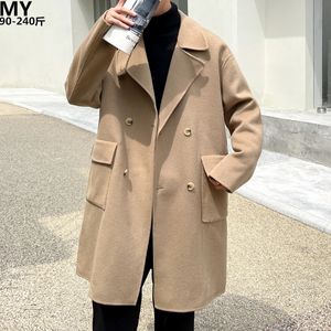 Men's Wool Blends S-6XL premium sense double-breasted woolen coat men's autumn/winter fattening plus size loose medium length trench coat 231117