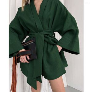 Moda -sono feminina NHKDSASA 2023 Kimono Robe Dress Woman Linen Cotton Wrape Summer com Sashes Casual Mangas compridas senhora