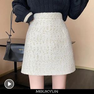 Kjolar moukyun lila tweed kjolar kvinnor blyerts bodycon hög midje kjolar vintage höst vinter smal koreansk elegant kort minikjol 231116