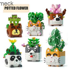 Block Mini Potted Building Blommor Cartoon Panda Erha Succulent Cactus Model Decoration Diy Children's Education Toy Gift