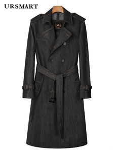 Erkek yünü karışıyor Uzun denim rüzgar kırıcı erkekler diz üstü kruvaze İngiliz jean trençkot sonbahar ve kış kalınlaşmış sıcak ceket ceket 231117