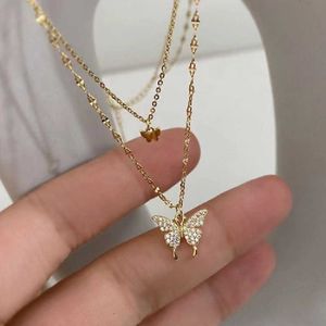 Pendant Necklaces Silver Color Shiny Butterfly Necklace Female Exquisite Double Layer Pendant Clavicle Chain Necklace Wedding Party Jewelry Gifts Z0417