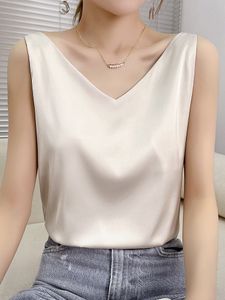 Camisoles Tanks HONGHANYUAN Top con cinturino da donna Halter con scollo a V Basic Bianco Nero Cami senza maniche in raso di seta Canotte Canotta estiva da donna Canotta 230418