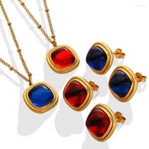 Colares pendentes 18k ouro banhado aço inoxidável quadrado de pedra de vidro azul vermelho para mulheres regalo de joyas para mujeres