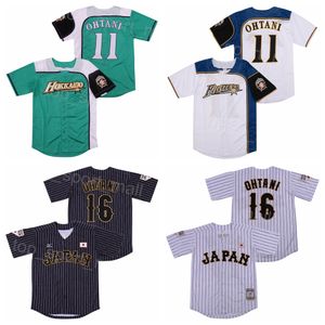 Moive Beyzbol Japonya 16 Shohei Ohtani Jersey Hokkaido Nippon Jambon Savaşçıları Serin Taban Takım Siyah Yeşil Beyaz Renkli Pinstripe Tüm Dikişli Üniversite Üniversitesi Emekli
