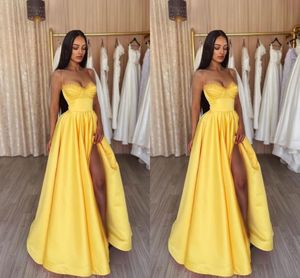 Dubai Arabic Yellow A Line Prom Dresses for Girls Spaghetti Straps Sweetheart Satin Pleats Draped High Side Split Formal Evening Pageant Birthday Party Gowns