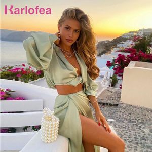 Zweiteiliges Kleid Karlofea 2-teiliges Set Damen Sommer Strand Urlaub Outfits Sexy Cropped Bluse Shirts High Split Langer Rock Passender Anzug Kleidung 230418