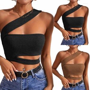 Kvinnors tankar Kvinnor Crop Top Sexy Hollows Knit Vest Ultra-kort Diagonal axel Wrap Club Tik-Tok Style One Shoulde Cami