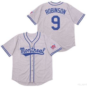 Uomini Film 9 Jackie Robinson Maglie il 1946 Montreal Royals Baseball Cool Base Grigio Team Color Cucito Traspirante Puro Cotone Alta qualità