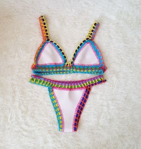 Crochet Bikini Swimwear Women Sexy Knit Patchwork Handmade Neoprene Boho Beachwear Bathing Suit Swimsuit Brazilian Biquini 6139