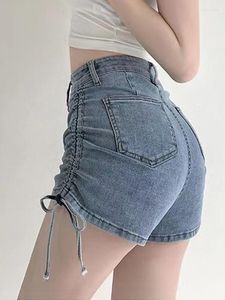 Kadınlar kot pantolon gündelik denim şort düz renk basit drawcord sargısı kalça pantolon 2023 moda giysileri