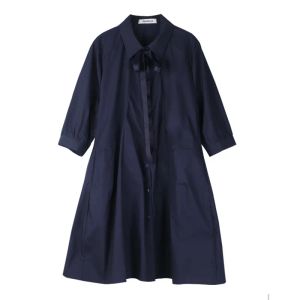 Basic Casual Dresses 7850 Jry New Spring Women European Fashion Style Dresses Turn-down Collar Half Sleeve Single-breasted Loose Casual Shirt Dress Deep Bl