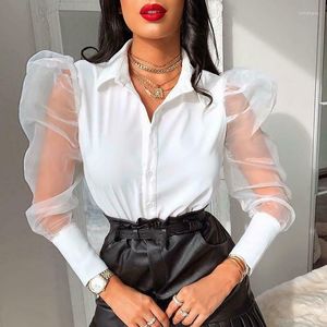 Kvinnor BLOUSES 2023 Spring Fashion Women Blus Mesh Sheer Puff Sleeve V Neck Button Elegant Tops Ladies Shirts Blusa Black White