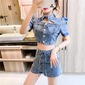 Women's Tracksuits Women Short Sleeve Hollow Out Jeans Crop Top Lace Up Denim Shorts Suits Summer Sexy Two Piece Set