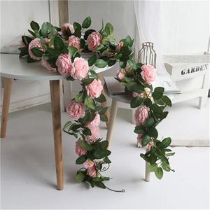 Rosa Seide Pfingstrose Rose Blume Rattan Künstliche Efeu Rattan Hochzeit Wandbehang Girlande Hausgarten Dekoration Grünpflanzen GC2047