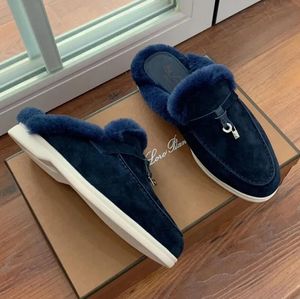 Women Loafer slipper warm shoes wool fur flats LP Loafers sheep skin suede leather classic designer with Buckle casual shoes with box 35-42