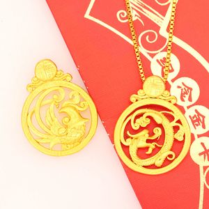 Women Men Pendant Chain Necklace with Dragon Phoenix Real 18k Gold Color Fashion Accessories