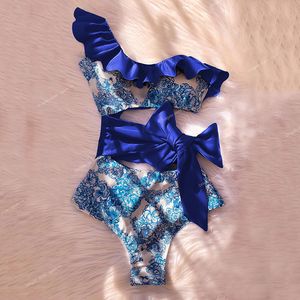 2023 Seksowne jednoczęściowe pchanie kąpielowe w stroje kąpielowej Kobiety Ruffle Monokini Vintage Retro Print Bodysuit Bodysit Kąpiec Kąpiec Swim Swim Swimone-Man