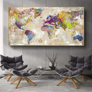 Retro World Map Pictures Posters and Prints Golden Wall Art Canvas Paintings for Livingroom Decoration Cuadros Home Wall Decor