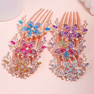 Pentes de cabelo coloridos com strass e flores, elegantes, brilhantes, cristal, enfeites, mulheres, noiva, acessórios de cabelo, joias