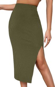 Verdusa Women's High Waist Slit Hem Rib Knit Midi Bodycon Skirt