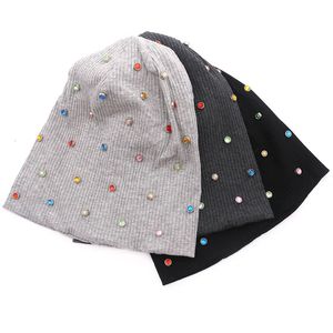 Beanie/Skull Caps Women Multi-Color Rhinestones Black Cotton Beanie Hats Design Solid Ribbed Knit Caps Ladies Bonnet Wholesale Slouch Hats231118