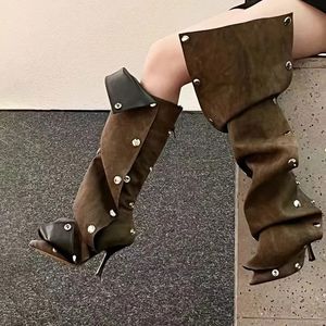 Stivali pieghettati al ginocchio stile punk di nuova moda irregolari Stivali da cowboy occidentali con cerniera Scarpe da donna