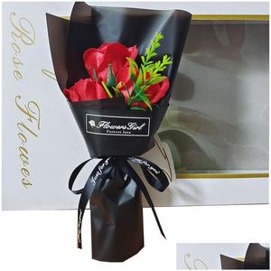 Ghirlande di fiori decorativi fatti a mano 3 teste bouquet di rose artificiali fiori decorativi mano che tiene fiore di sapone regalo di San Valentino W Dhw6O