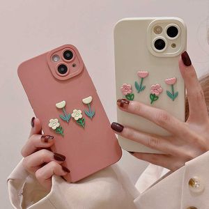 Korean Aesthetic 3D Flower Pink Phone Case für iPhone 14 13 12 11 Pro XS Max X XR Cute Tulip Soft Silicon Shockproof Back Cover