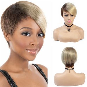 Sentetik peruklar bchr kısa pixie kesilmiş düz saç yüksek sıcaklık fiber ombre kahverengi sarışın peruk kadınlar için 230417