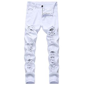 Mäns jeans män vita jeans mode hip hop rippade mager män denim byxor smal passande stretch nödställda zip män jean byxor hög kvalitet 230418