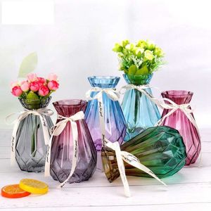 Vases Diamond Shape Transparent Glass Flower Bottle Color Glass Decorative Vase Hydroponic Vase Living Room Tabletop Dry Flower Vase Y23