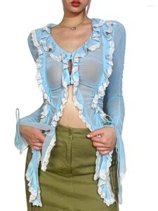 Kadın Tişörtleri 2023 Bahar Modası Kadınlar şeffaf örgü kırpılmış üst çekme uzun kollular v yaka dantel trim fırfırlar