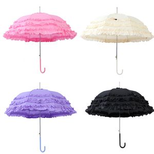 Ruffle Stick Umbrella Cosplay Lolita Princess Umbrella Sunshade Retro Parasol Bride Wedding Layer Lace Umbrella D23-75