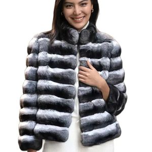 Women's Fur Faux 2023 Damenjacke mit Chinchilla-Streifen, Allinone-Mantel aus echtem Rex-Kaninchenfell, Länge 60 cm, Paketpost, Winterdicke 231117