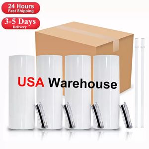 Lokalt USA/CA Warehouse 20oz sublimering tumlar raka ämnen Vit 304 Rostfritt stål vakuumisolerade avsmalnande smala diy koppar bil kaffemuggar med halmlock