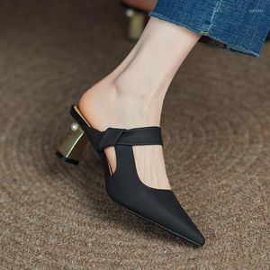 Slippers Baotou Mules Women Summer 2023 Pointed Toe Fashion Half Support Woman Shoes Soft Leather High Heel Sandals Elegant