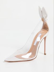 Lyxdesigner Vit PVC sandal dam pumps Aquazzuras BOW TIE PUMP Mocka läder spetsig tå cutout slingback dam bröllop brud klänning skor EU35-43