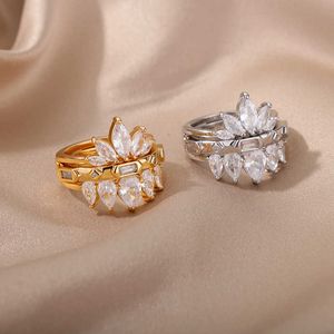 Band Rings 2pcsset Lotus Zircon Rings for Women Stainless Steel Flower Finger Ring 2022 Trend Couple Wedding Aesthetic Jewelry anillos AA230417