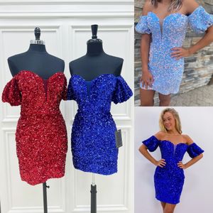 Short Cocktail NYE Dress 2023 Royal-Blue Red Velvet Sequins Lady Formal Event Party Gown Sweetheart Club Night Out Graduation Hoco Homecoming Gala Puff Sleeves Pink