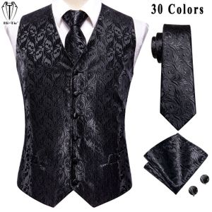 Herrvästar Hi-Tie Designer Jacquard Silk Mens Vest ärmlös midjejacka Pure Black Floral Waistcoat Neck Tie Hanky ​​Cufflinks Set for Men 230418