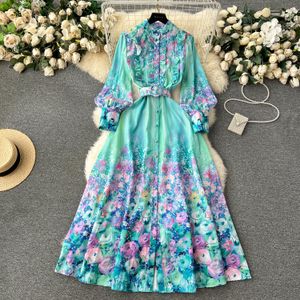 Casual Dresses New Fashion Holiday Flower Maxi Dress Women's Stand Collar Lantern Sleeve Floral Printed Belt Ruffles Boho Robe Vestidos 2024