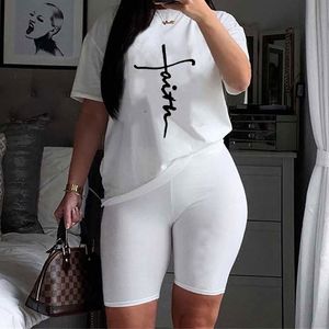 Women's Two Piece Pants Summer Plus Size Women's Fashion Positioning Printing Suit Casual Two-piece Short-sleeved O-Neck Top Shorts Two-piece Suit 230418