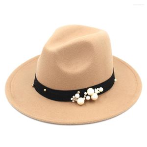 Berets Mistdawn Women's Ladies Wool Wool Blend Panama Hat Wide Brim Fedora Trilby Cap Beads Flower Black Flastic Band Size 56-58cm