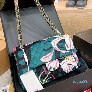 Colorful Flower Pattern Ladies Designer Classic Double Flap Bag Cotton Fabric Gold Metal Hardware Matelasse Chain 25cm Cross