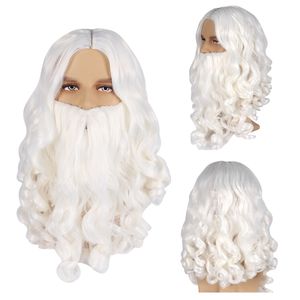 Рождественский парик из волос Санта-Клауса + комплект бороды, аксессуар для косплея, белый/блондинный/серебристо-серый вьющийся парик для мужчин, платье на Хэллоуин, костюм